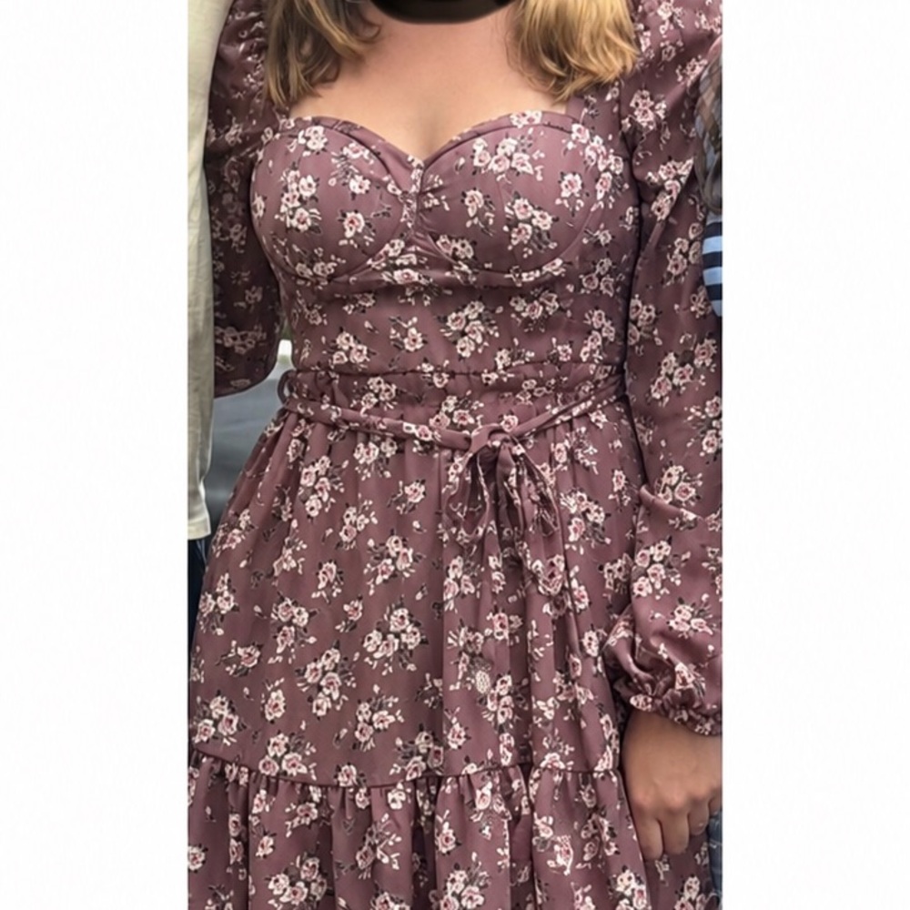 Pink Lily Dusty Mauve Floral Sweetheart Long Sleeve Dress
